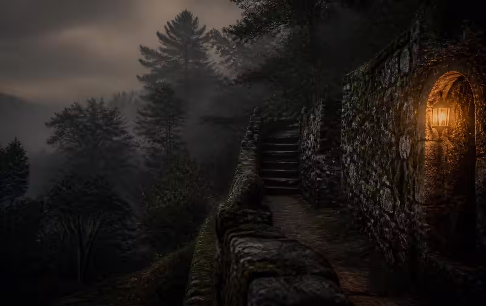 A misty forested hillside at dusk with old moss-covered stone walls and a single warm lantern