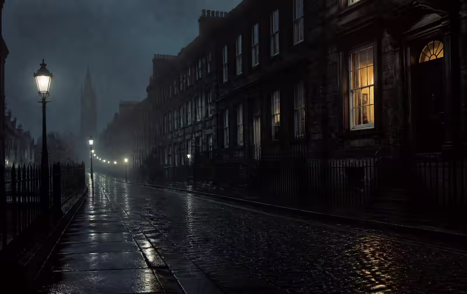 Georgian Edinburgh terrace at night in mist with one warm lit window and wet setts below
