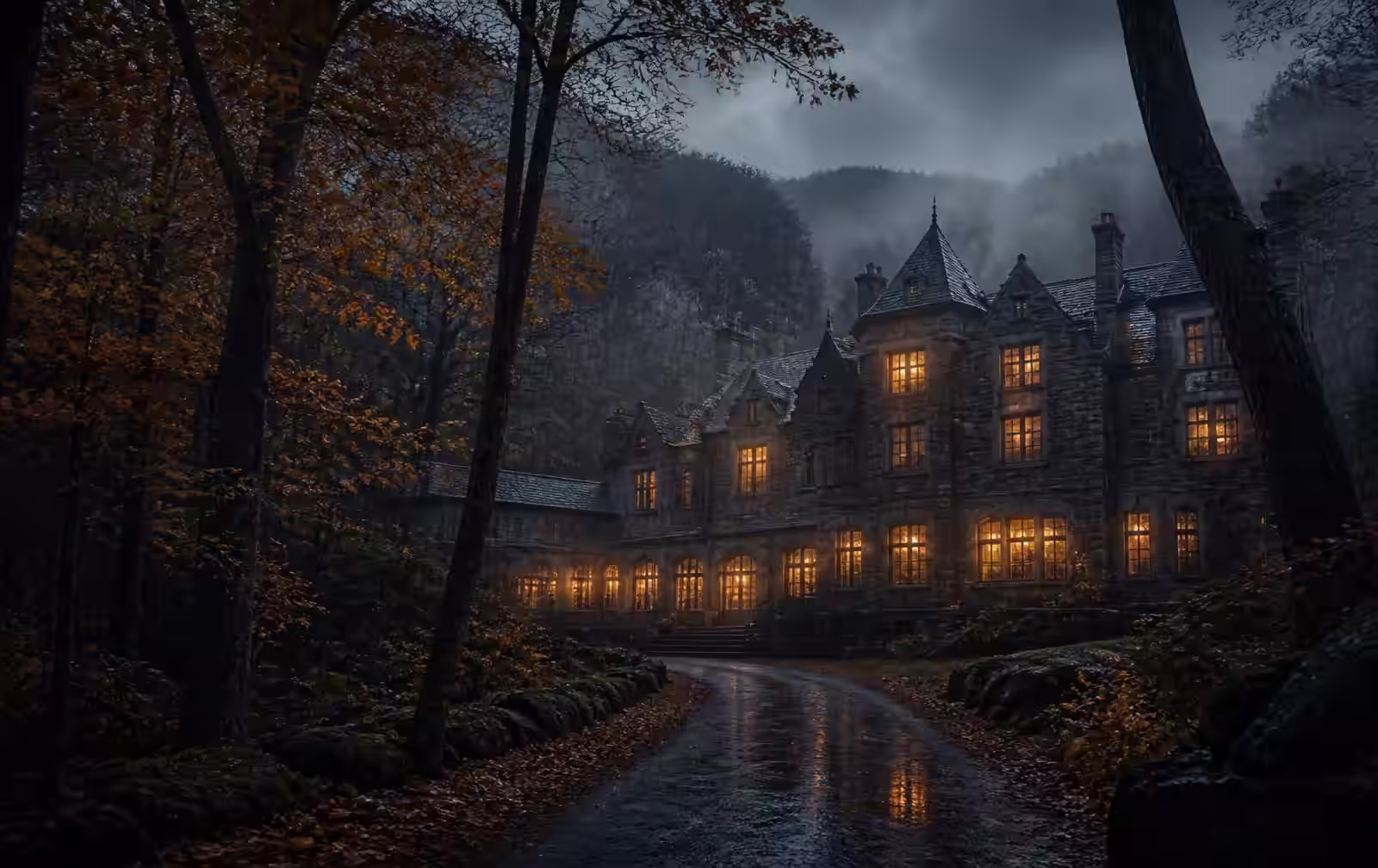 Rain in an autumn Ardennes forest at dusk with a solitary stone country hotel glowing warmly through misted trees
