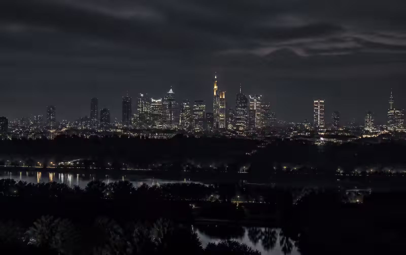 A distant illuminated European skyline across a dark river plain and wooded hills at night