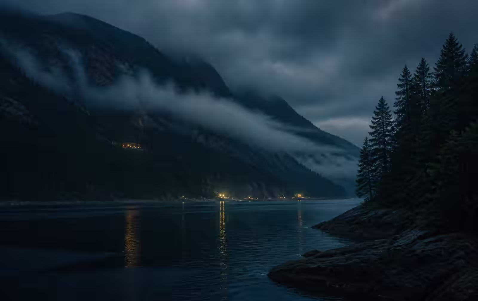 Dark British Columbia coastline at night with forested mountains, low cloud and distant warm lights