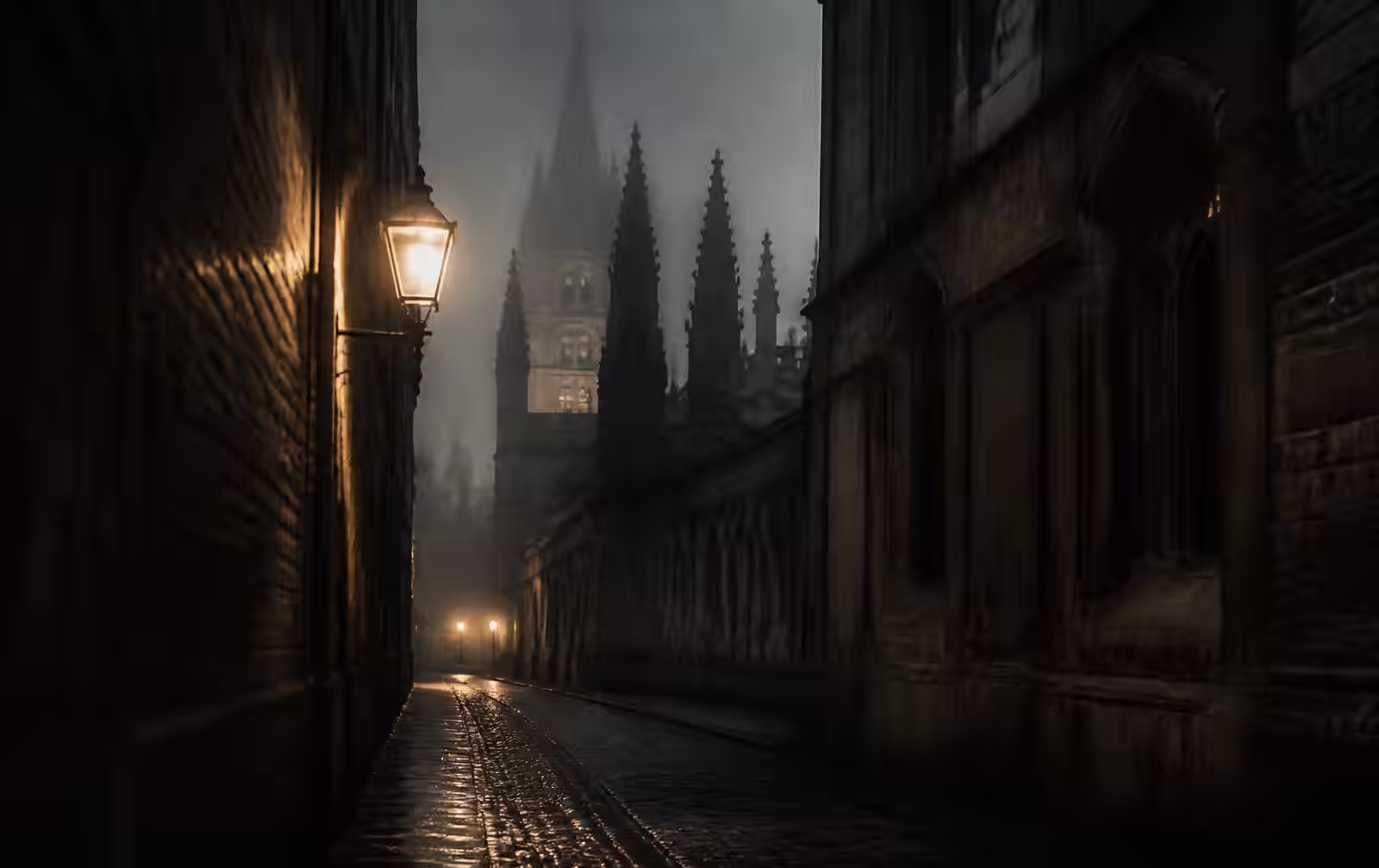 Narrow Oxford stone lane at night in fog with a single lantern and spires beyond