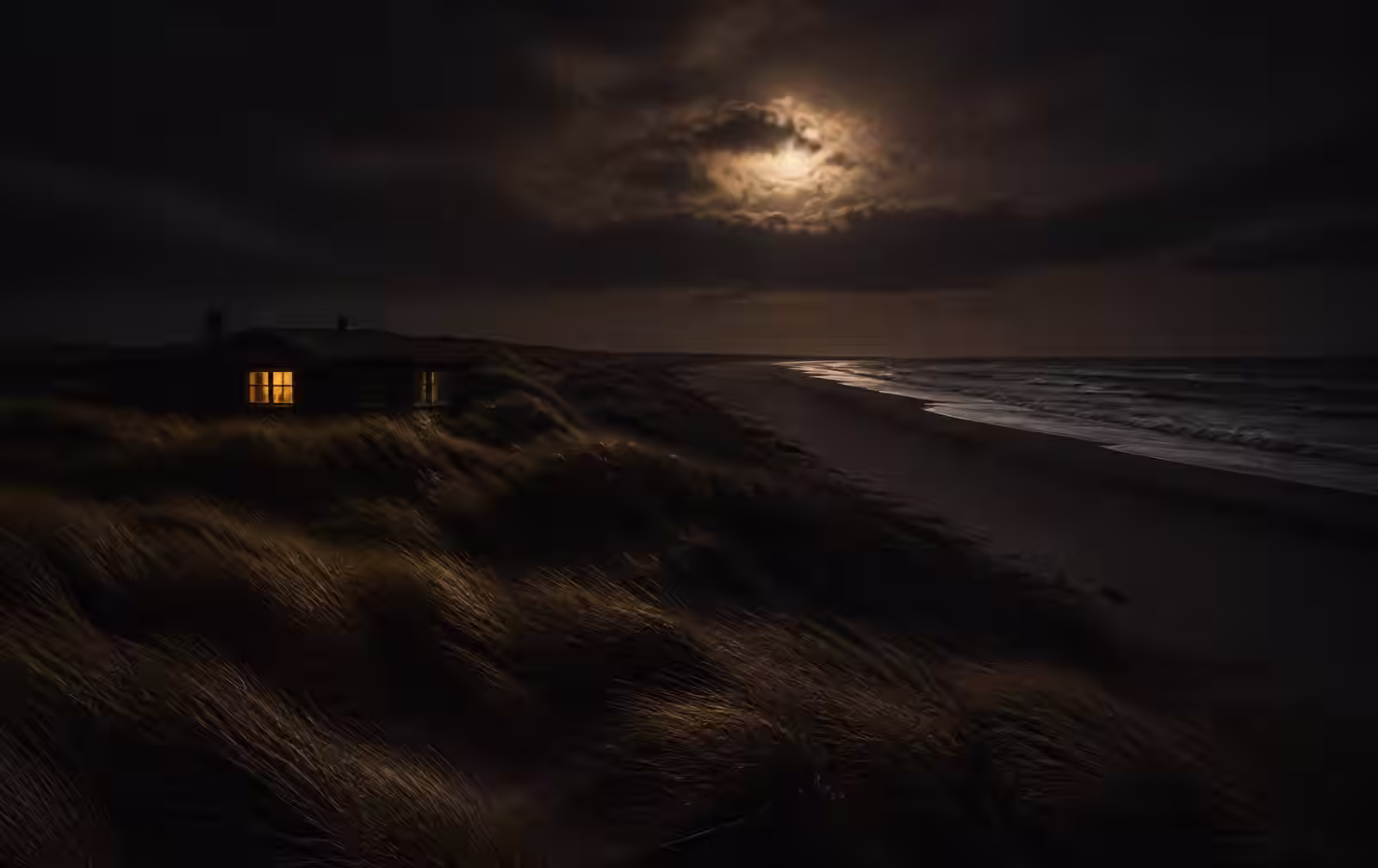 North Sea dune landscape at night with wind-bent marram grass, a dark empty beach and a single warm lit window in a low house among the dunes