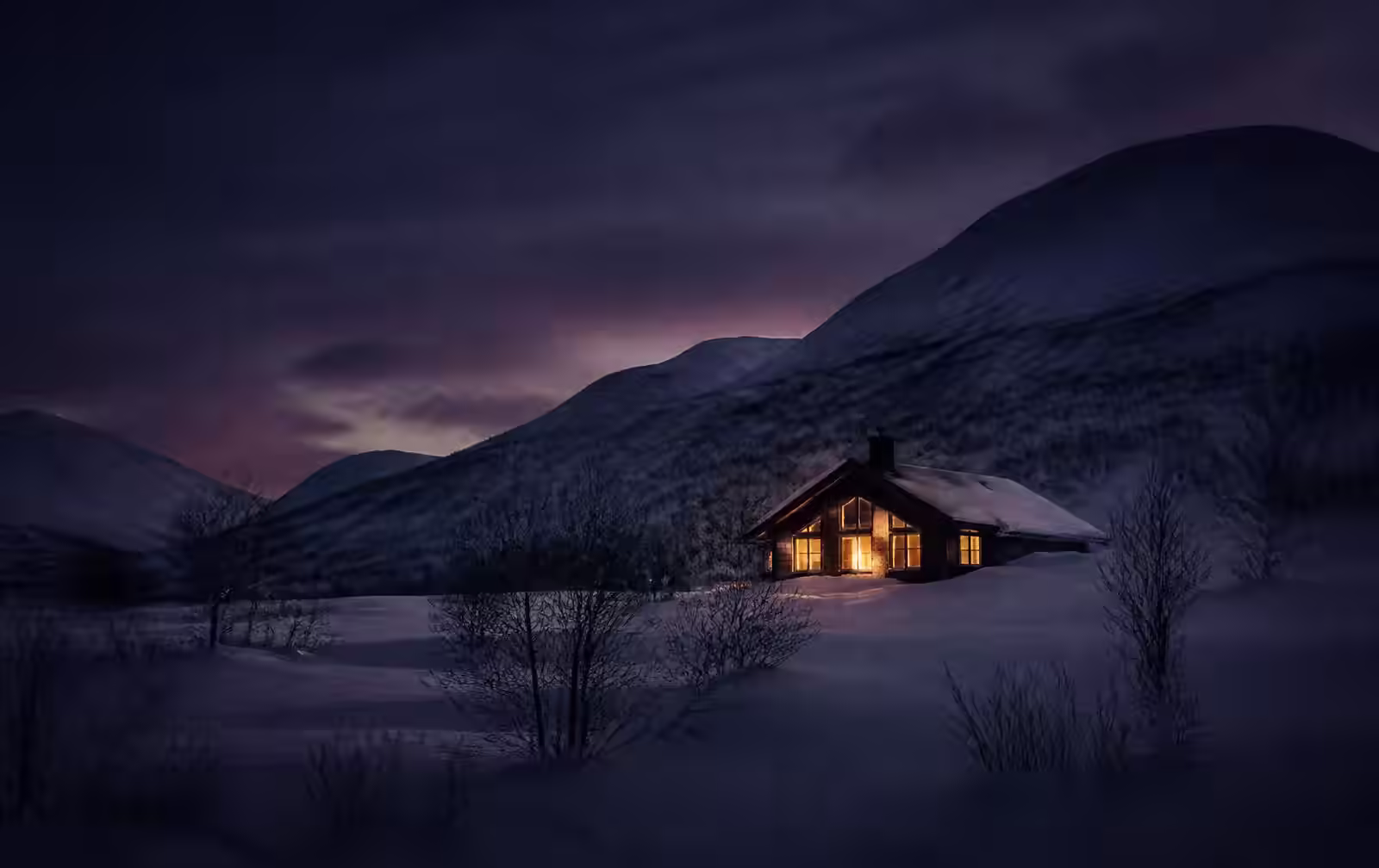 An Arctic Swedish winter landscape in polar twilight, deep snow and dark hills with a single timber lodge showing warm gold windows