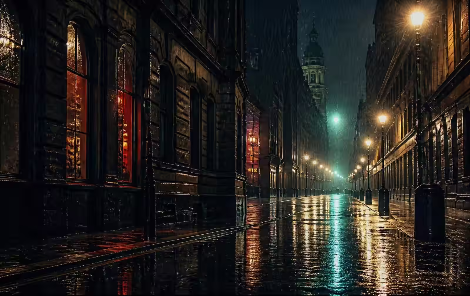 Victorian sandstone Glasgow street in heavy night rain with coloured light reflected on wet tarmac
