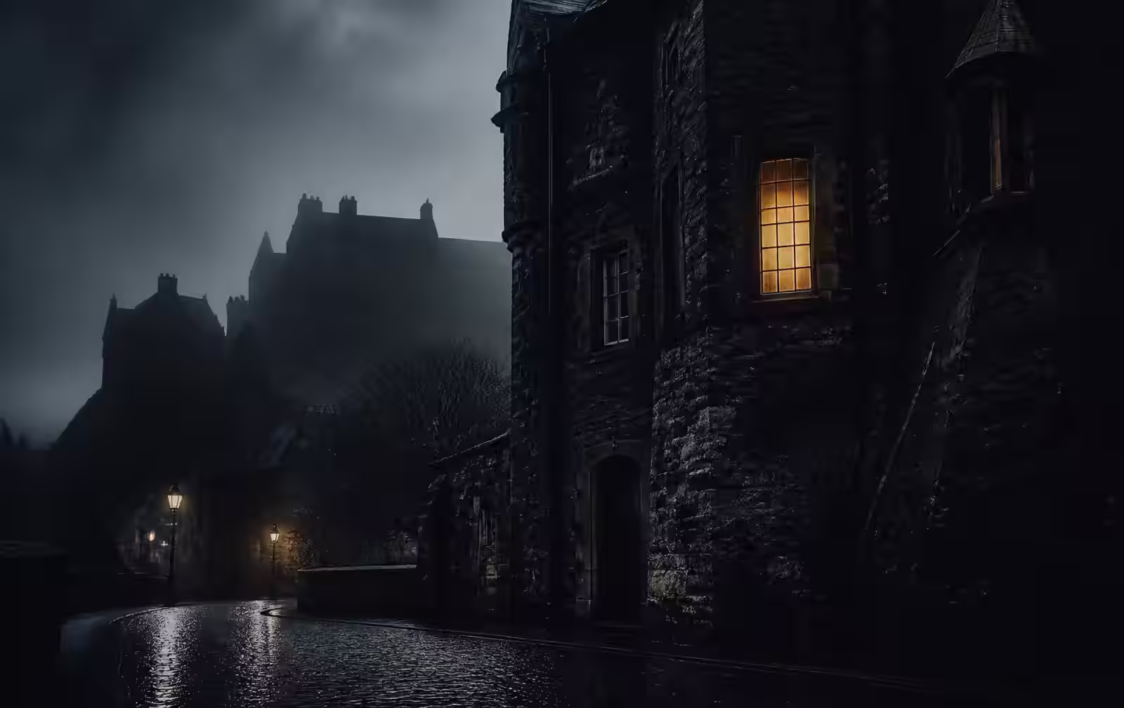 Dark Scottish stone building at night in mist with one warm lit window above wet cobbles