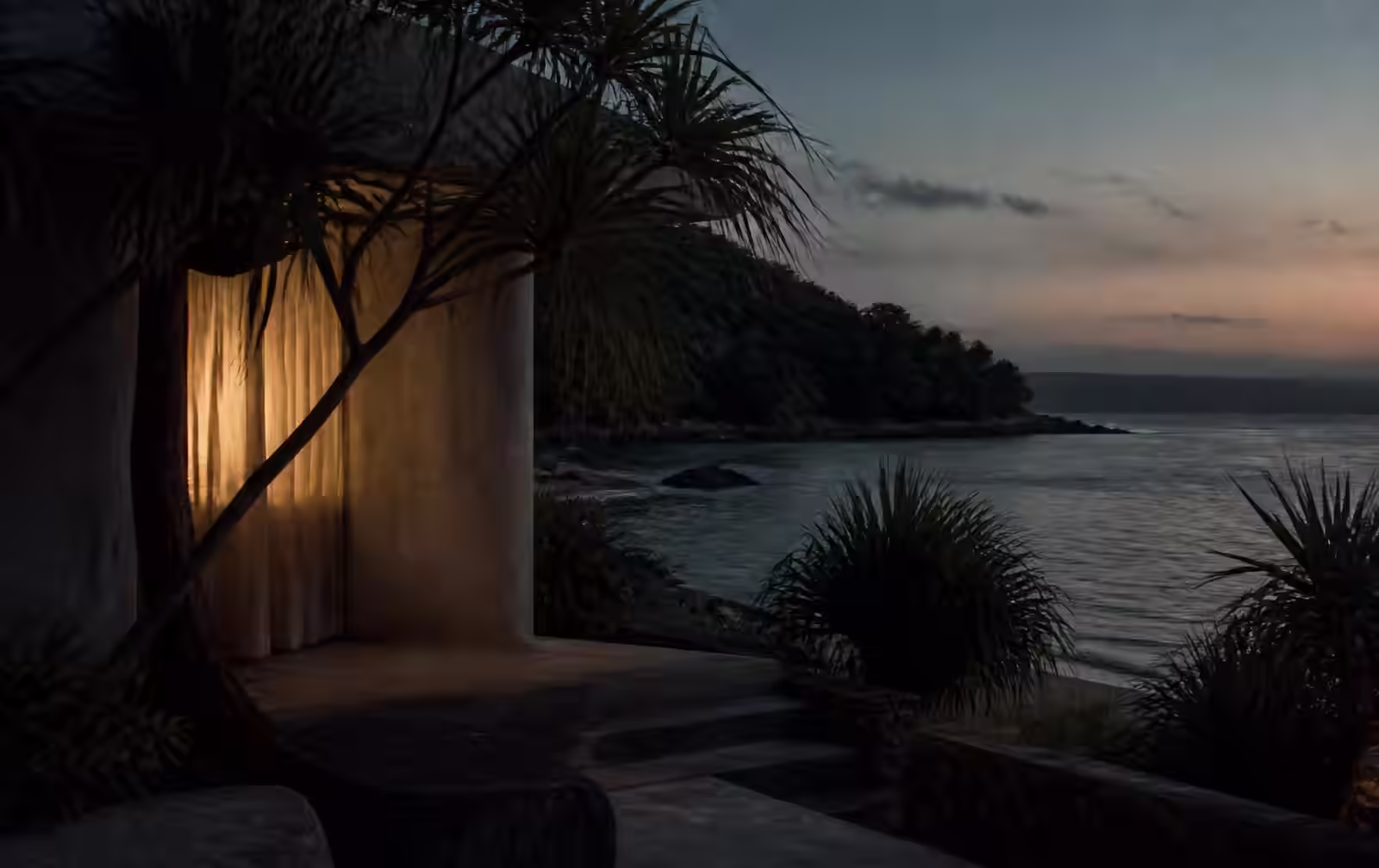 A calm coastal bay at dusk with pandanus, low understated architecture and warm lamp light through a curtain