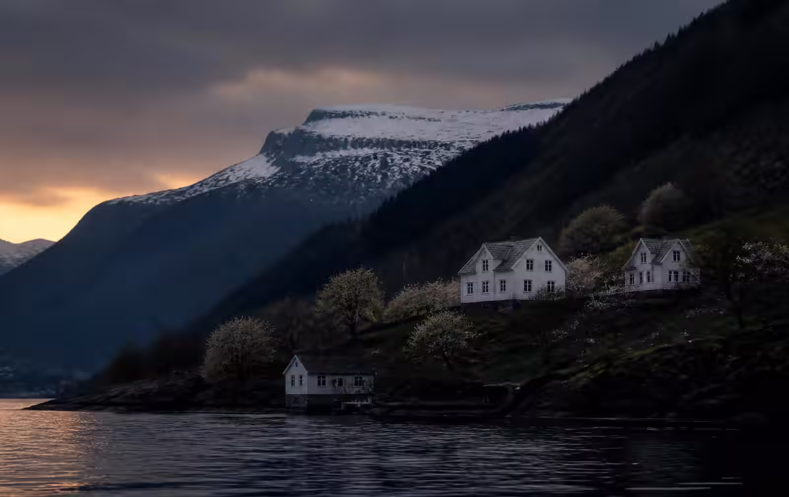 A quiet Norwegian fjord shoreline in late evening, orchard slopes and old white wooden farmhouses above calm dark water below a snow-topped plateau