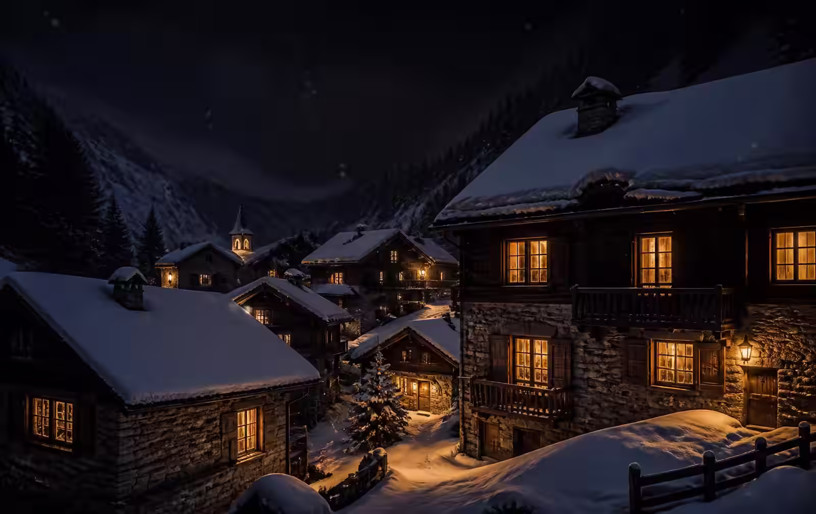 Snow-covered timber and stone chalets in a small alpine village at night with warm lit windows