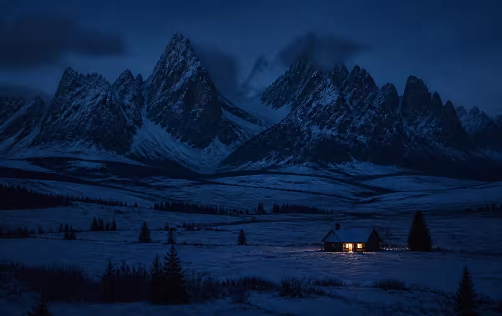 Vast snowy Wyoming valley beneath dark jagged peaks with a single lit cabin at night