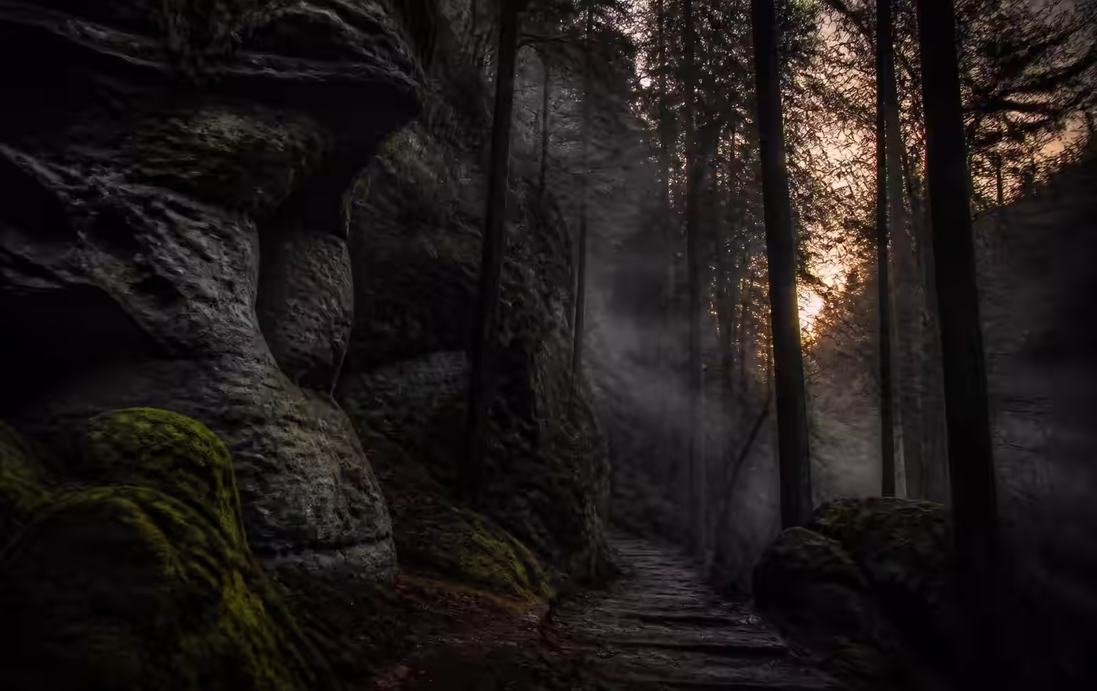 A misty sandstone forest at dusk with mossy rock formations, tall trees and faint warm light through the branches