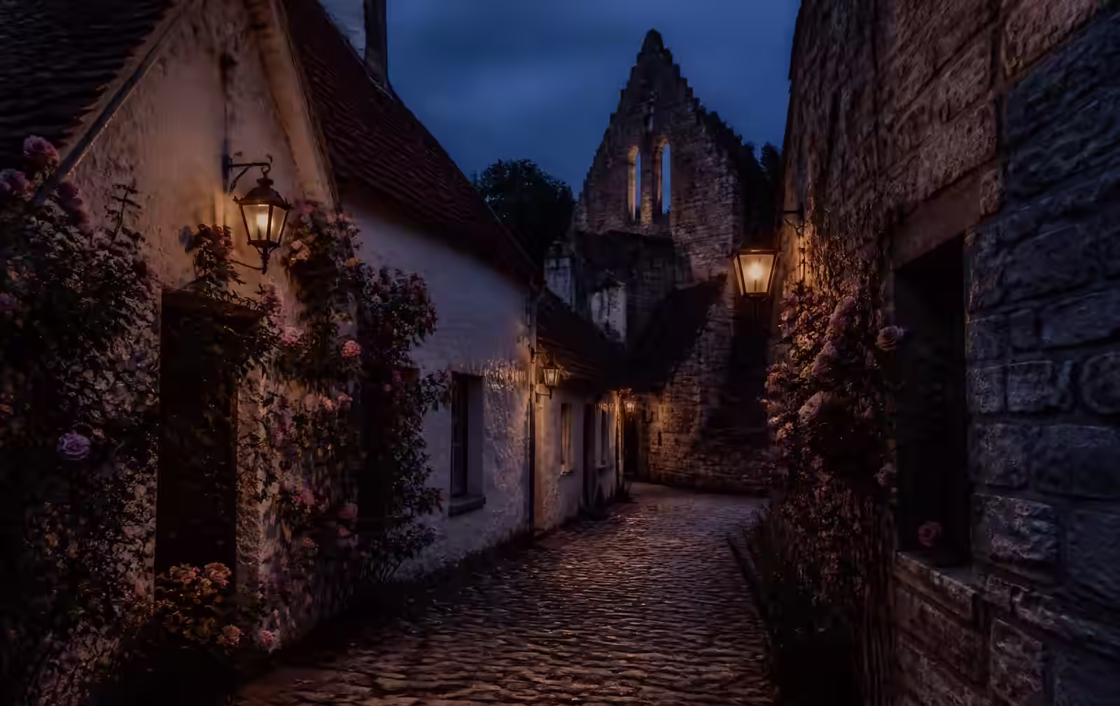 A medieval Baltic island town at summer dusk, a cobbled lane between limestone cottages with climbing roses and a ruined church gable beyond