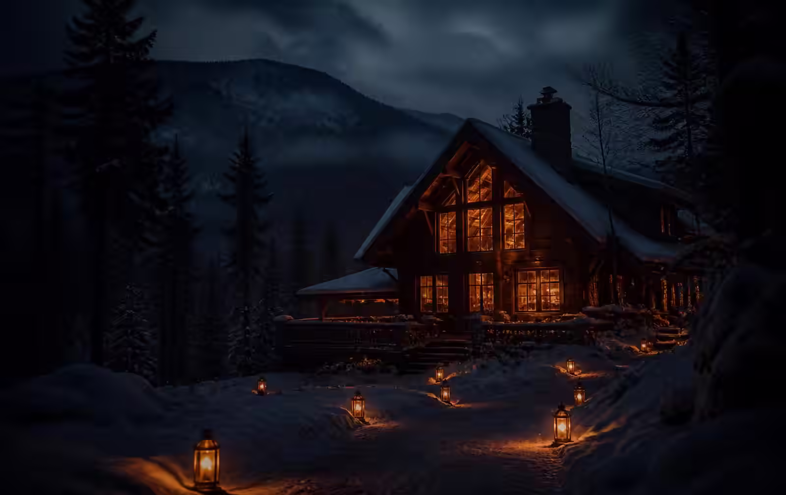 Timber chalet in the Laurentians at night with firelight behind tall windows and deep snow outside