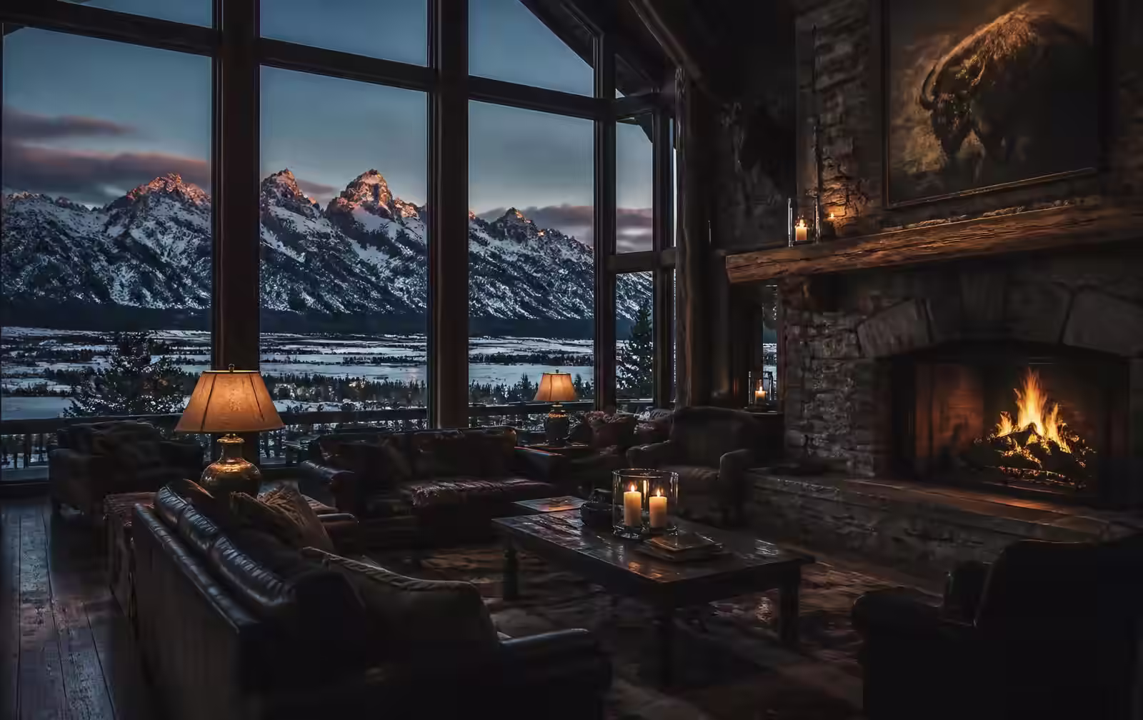 Timber and stone lodge interior at dusk with firelight and tall windows facing the snow-covered Teton range
