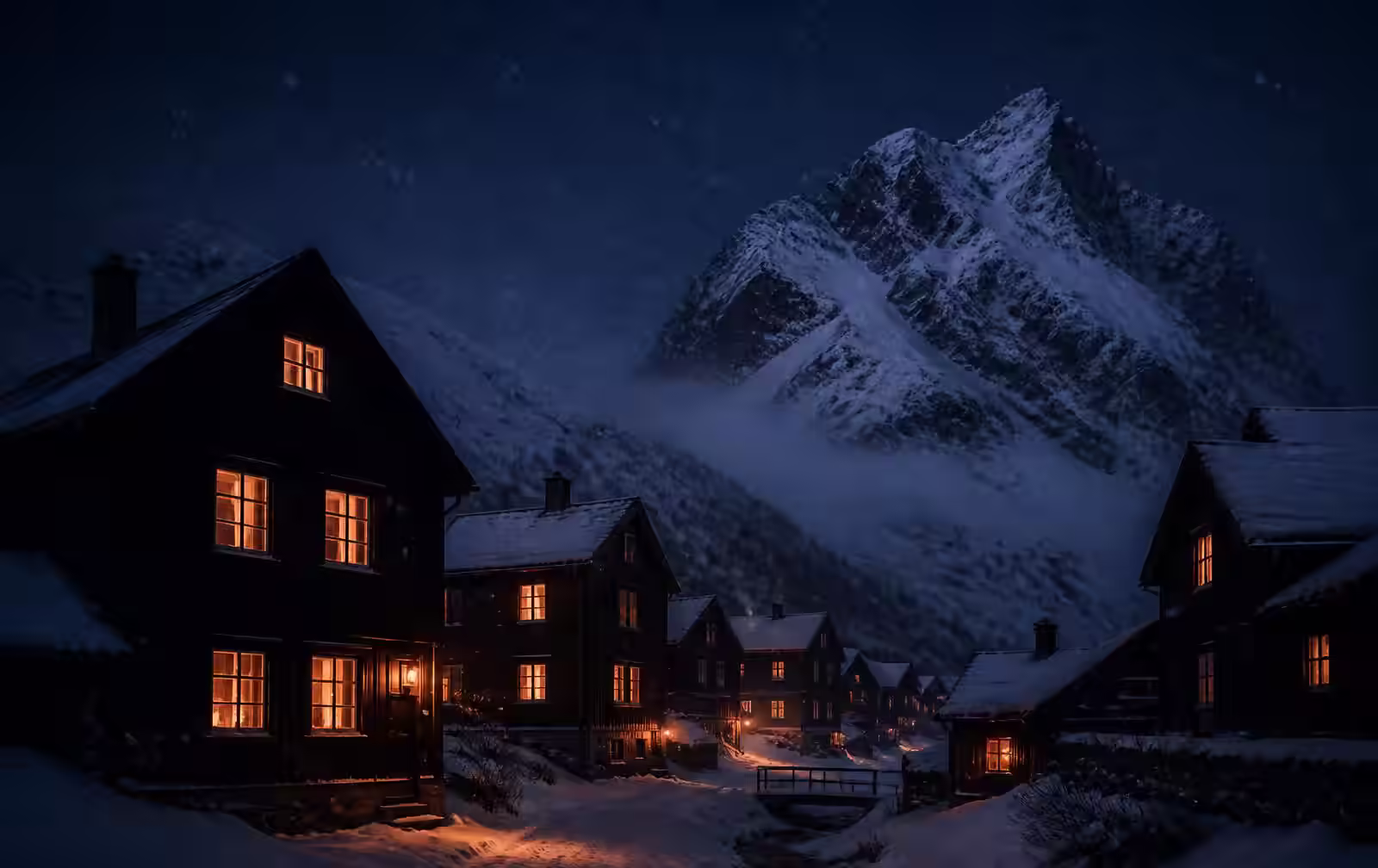 A Scandinavian mountain village at night in falling snow, dark timber houses with warm amber windows beneath a snow-covered peak