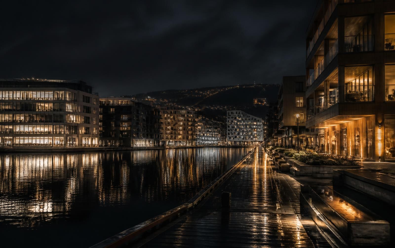 Modern Nordic waterfront district at night with glass and timber buildings, warm interior lights reflected in dark harbour water and a rain-slick promenade