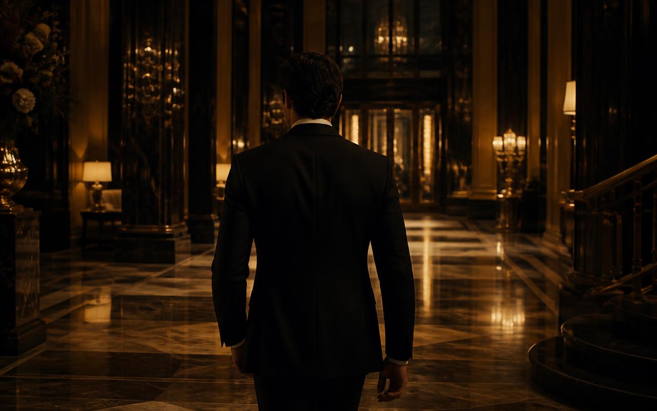 A man in dark eveningwear crossing a grand hotel lobby at night