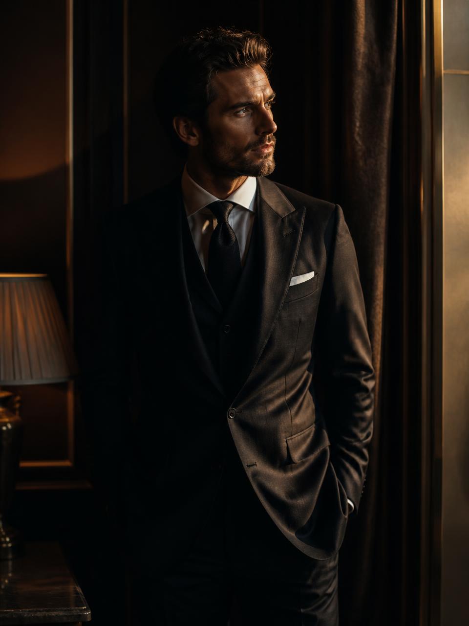 Lucianno Vargas in a tailored dark suit, standing in warm cinematic shadow