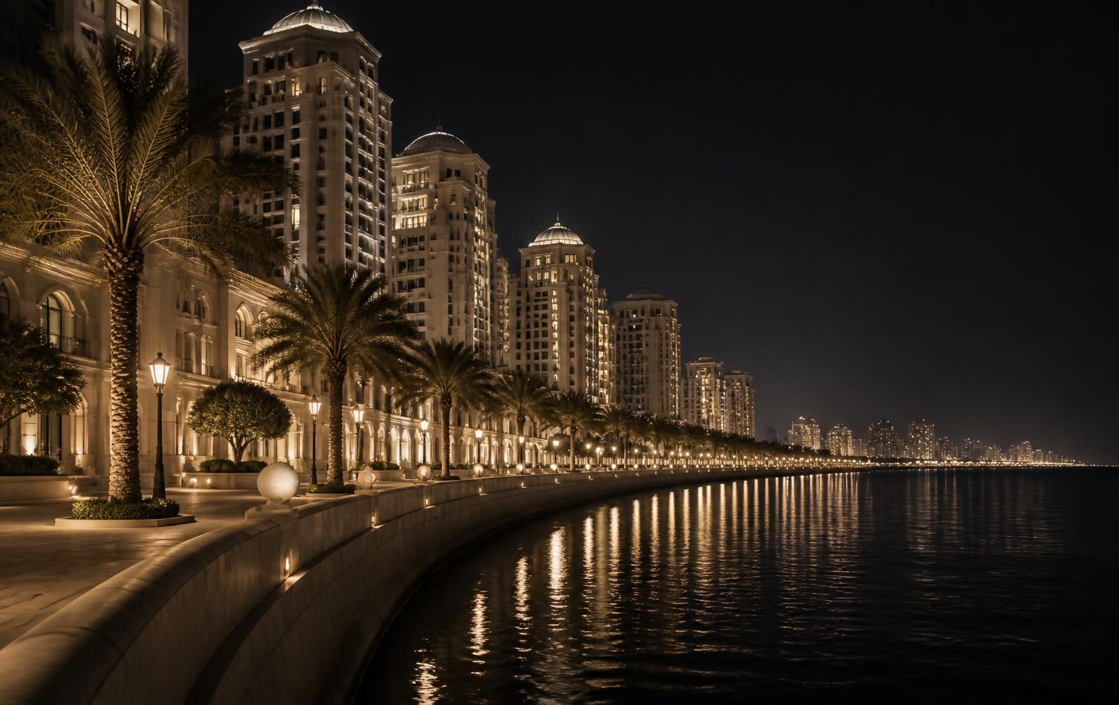 An elegant Gulf corniche at night with modern towers, palms and gold lamplight beside dark calm sea