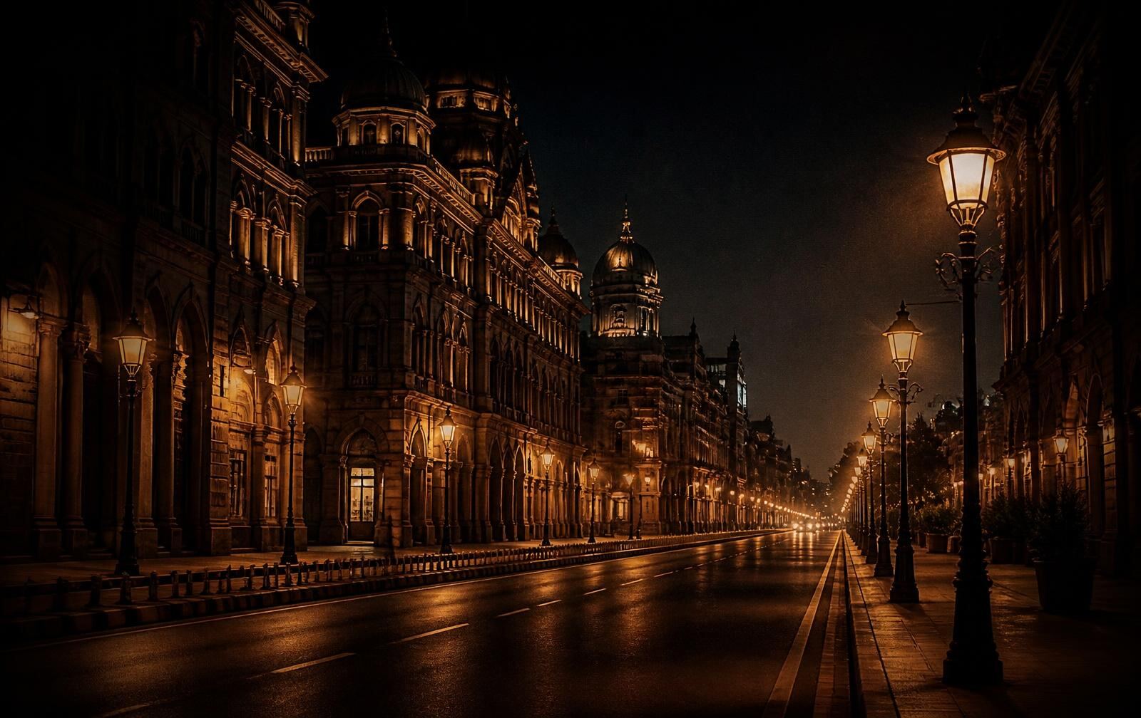 An elegant low-rise city boulevard at night with heritage sandstone buildings and rows of gold street lamps