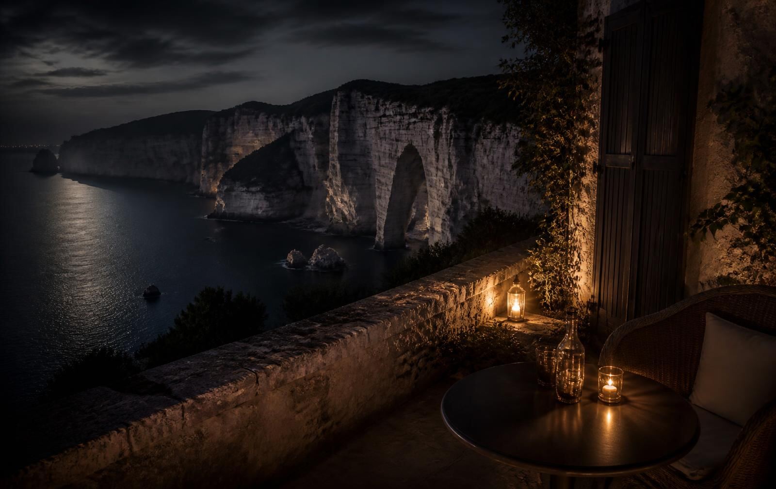 Pale limestone cliffs above dark Atlantic water at dusk with a single lit terrace