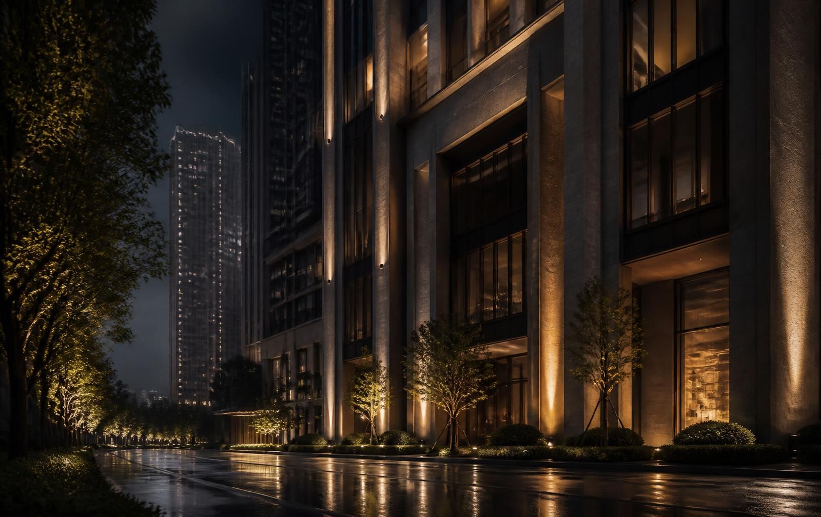 Modern stone and glass city architecture at night with warm lighting and wet street reflections