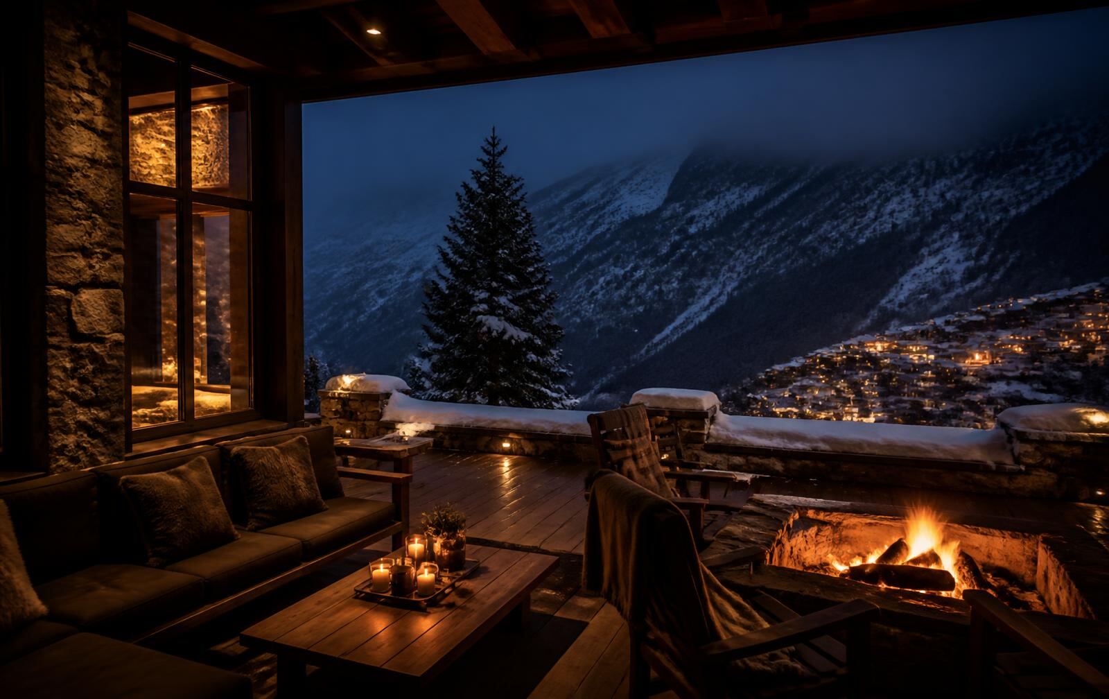 A dark mountain retreat near Arachova with firelight, snow and Parnassos beyond