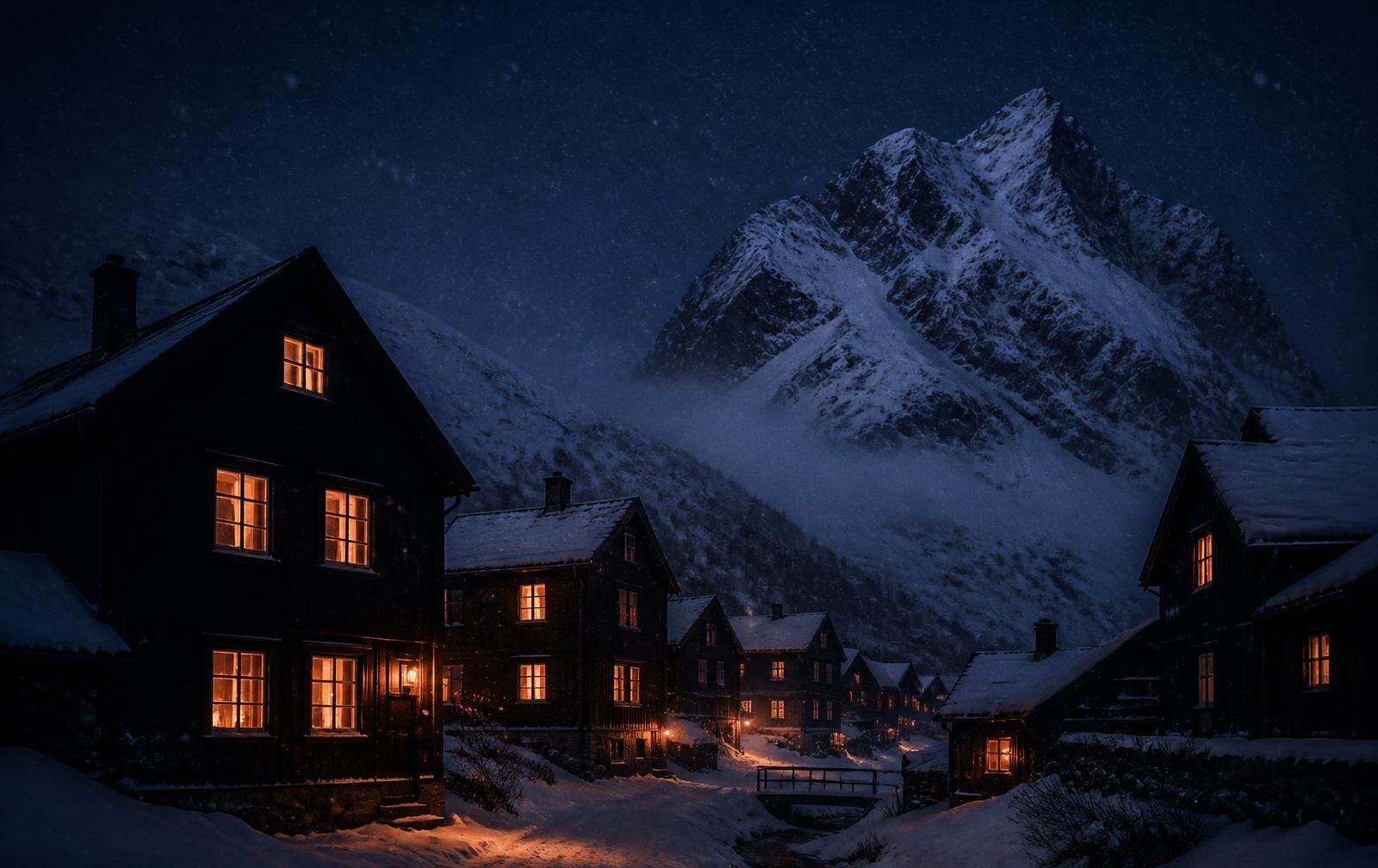A Scandinavian mountain village at night in falling snow, dark timber houses with warm amber windows beneath a snow-covered peak