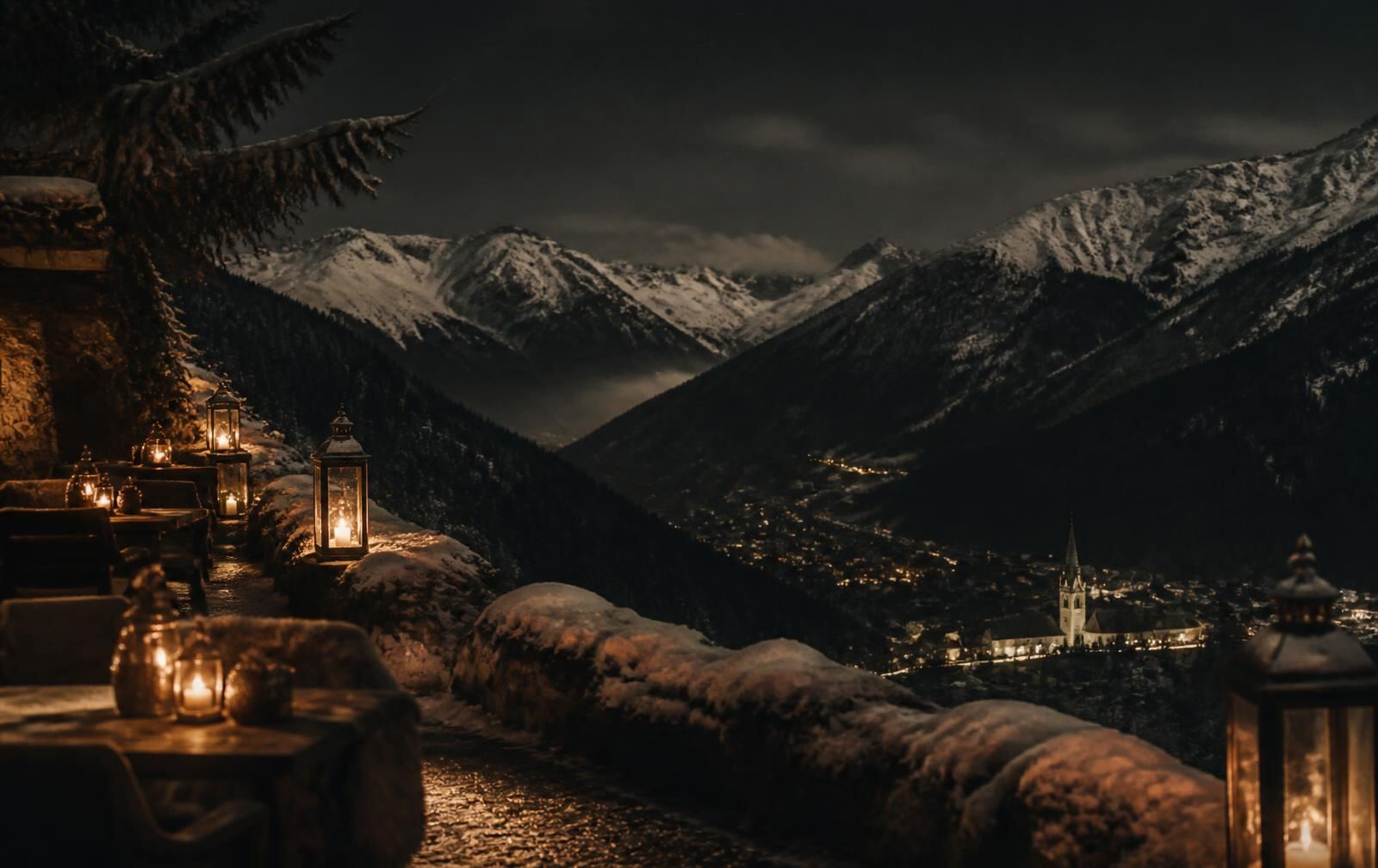 A candlelit Austrian interior at dusk with warm gold light and snow-covered alpine peaks beyond the window
