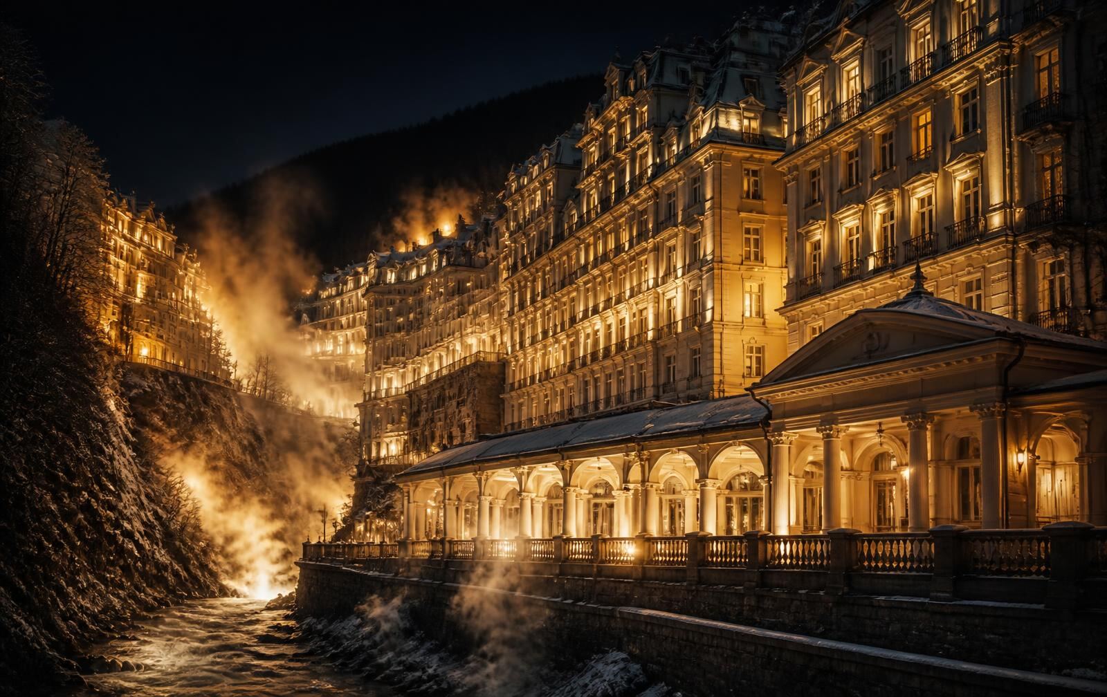 A Belle Epoque spa town in a steep alpine gorge at night, lit facades glowing gold above rising steam