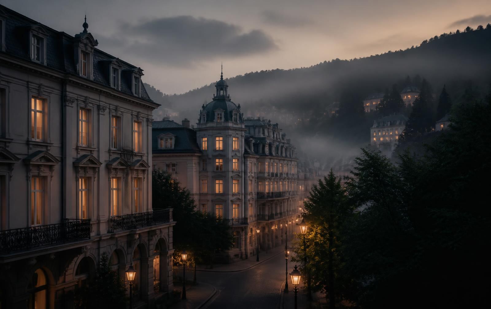 A warm old-world spa hotel interior in Baden-Baden at night with dark wood, low lamps and tall windows onto wooded hills