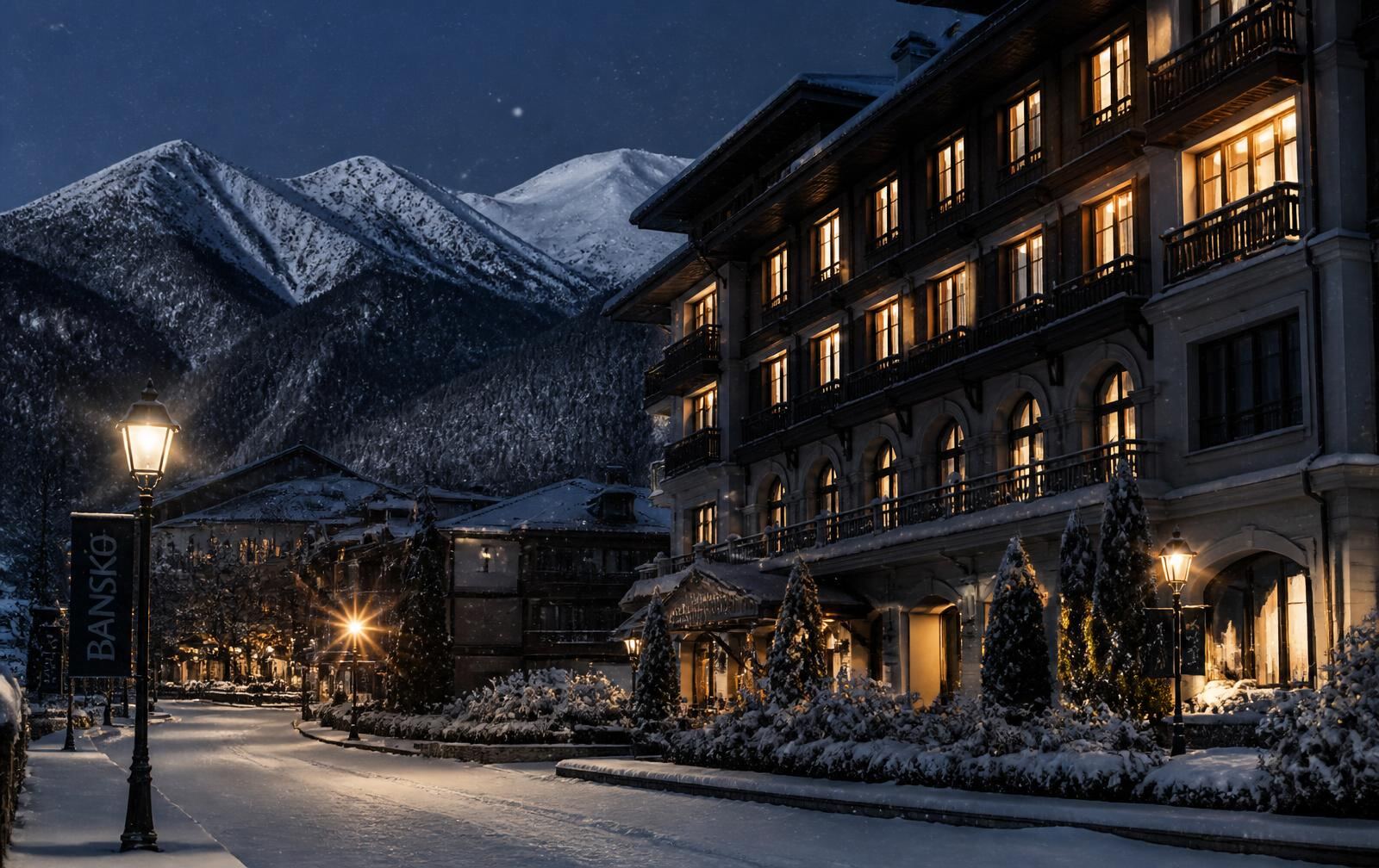 Bansko at night in winter — snow falling past warm-lit hotel windows with dark Pirin mountains behind