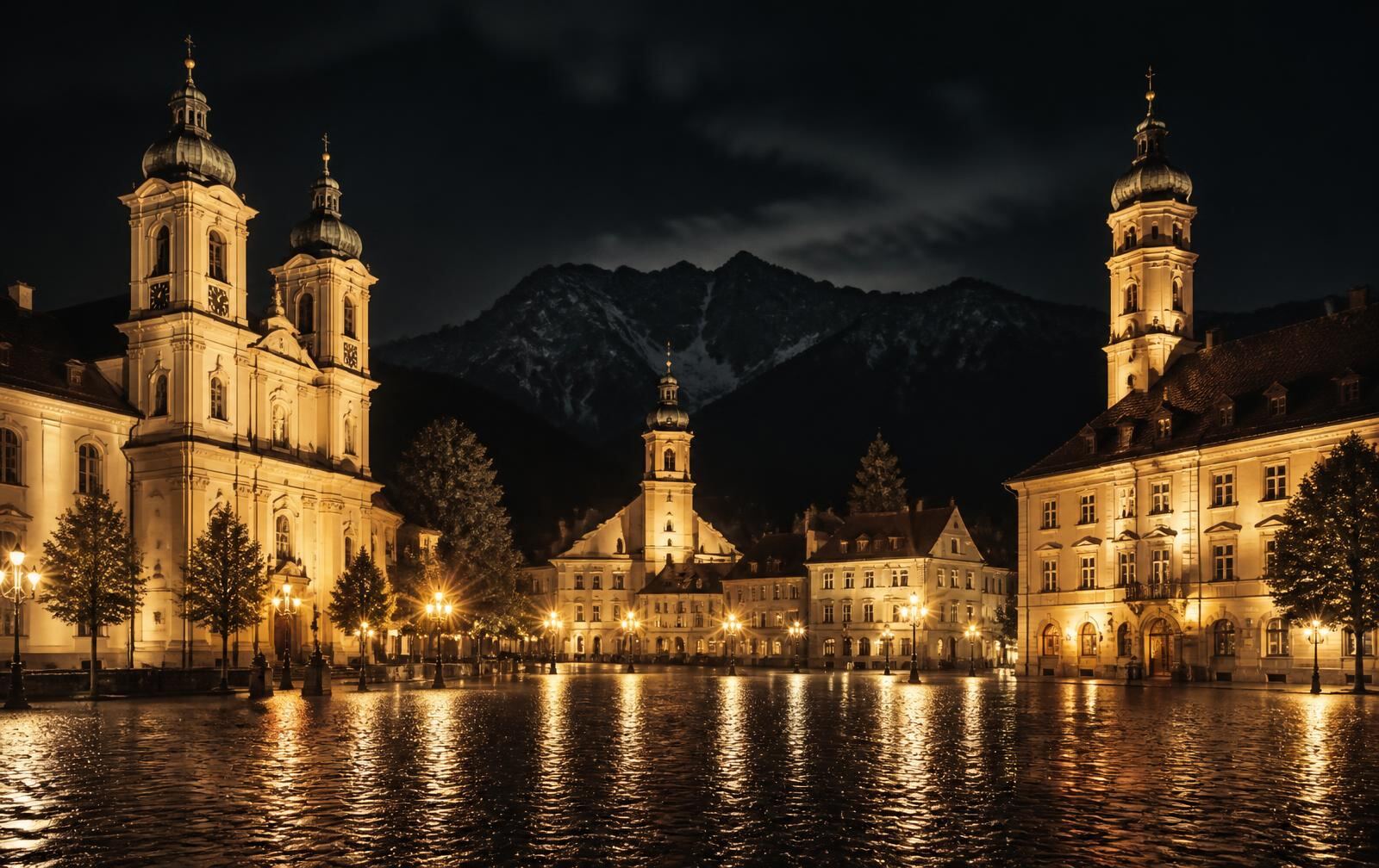 A lamplit Bavarian town square at night with baroque towers and wet stone reflecting gold light, dark mountains behind