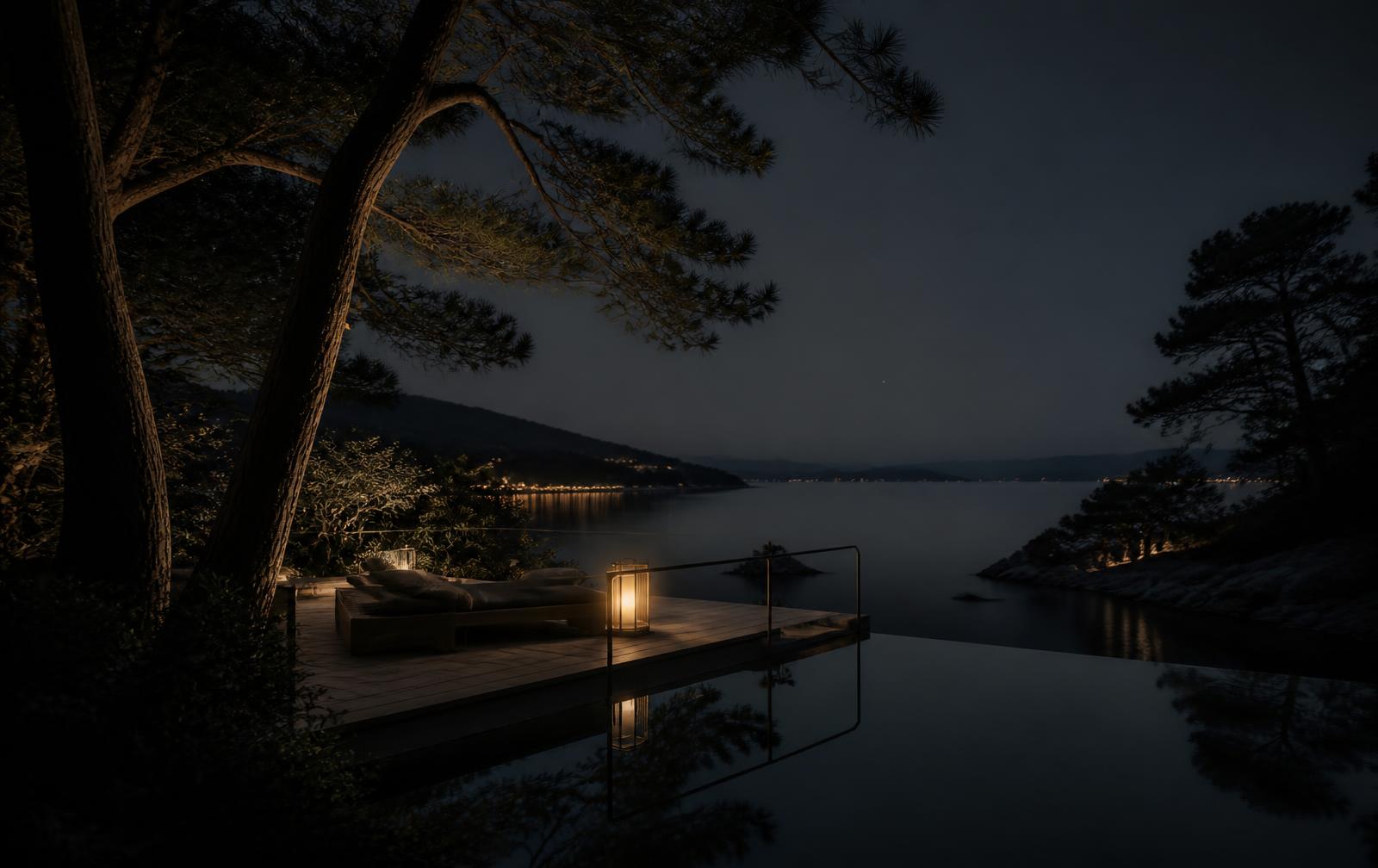 An understated resort terrace at night among pine trees beside still dark water with one lantern