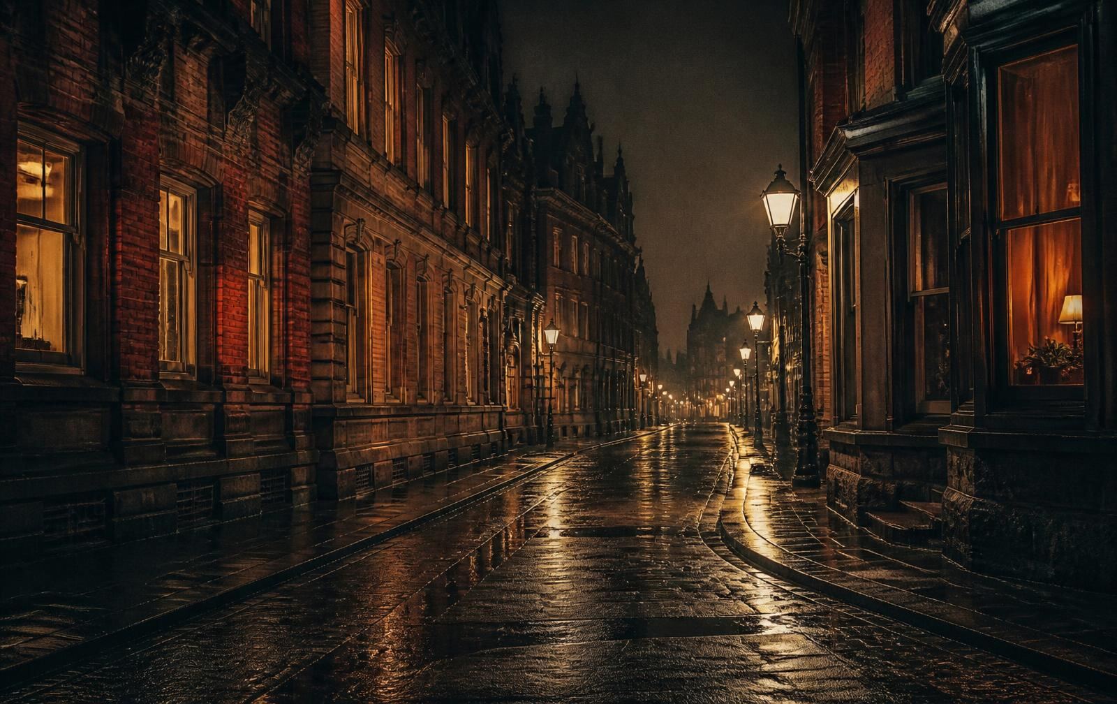 Victorian red brick and stone Belfast street at night with wet pavement and warm lit windows