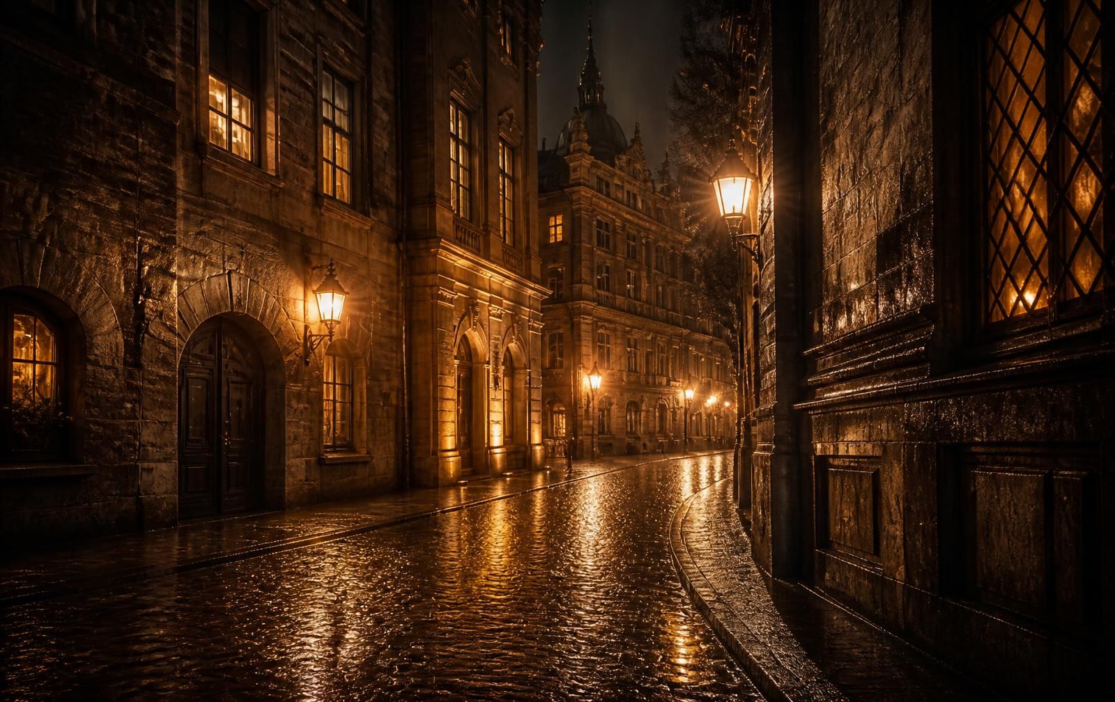 Rain-soaked old Belgian street at night with tall stone façades, warm lit windows and cobblestones reflecting amber lamplight