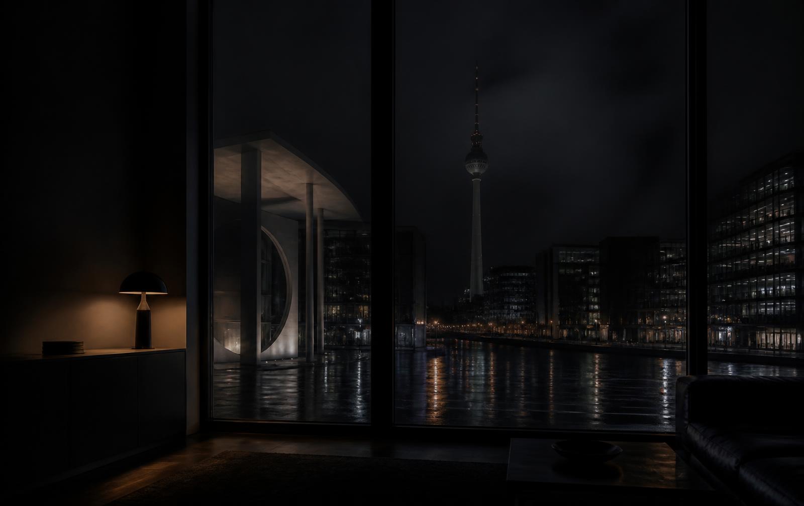 Berlin at night through rain on glass, dark facades and scattered gold window light across a wide empty street