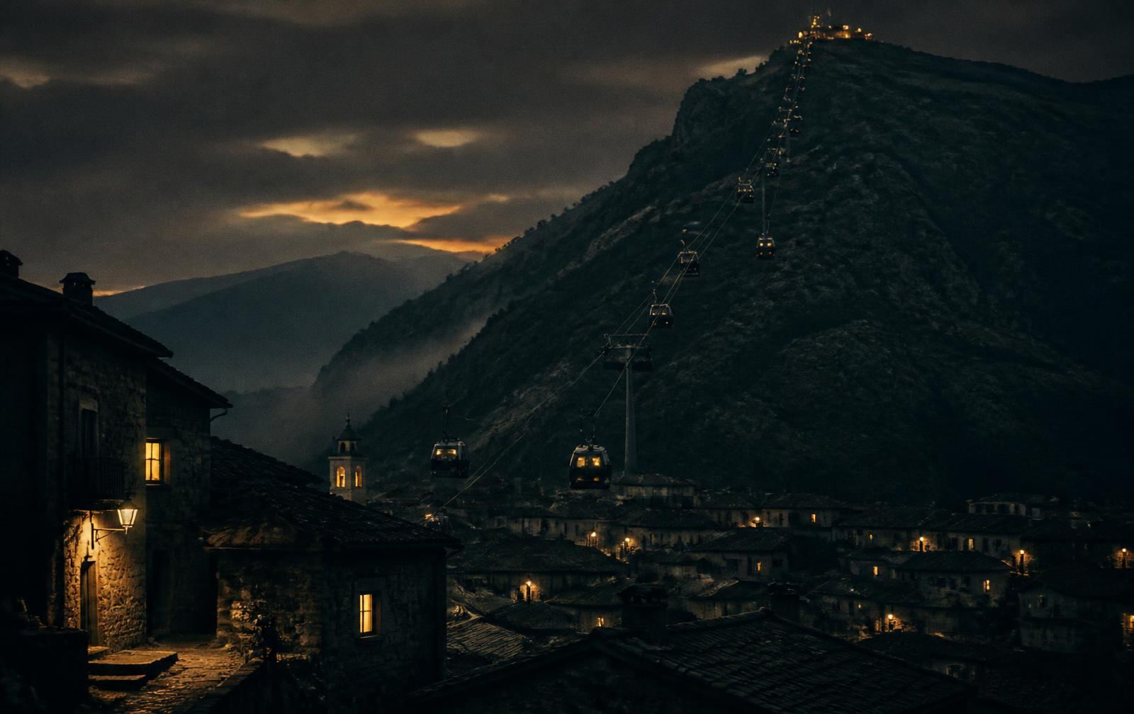 A quiet hillside town at dusk beneath a dark mountain, with warm lit windows and a cable-car line ascending toward the lit summit