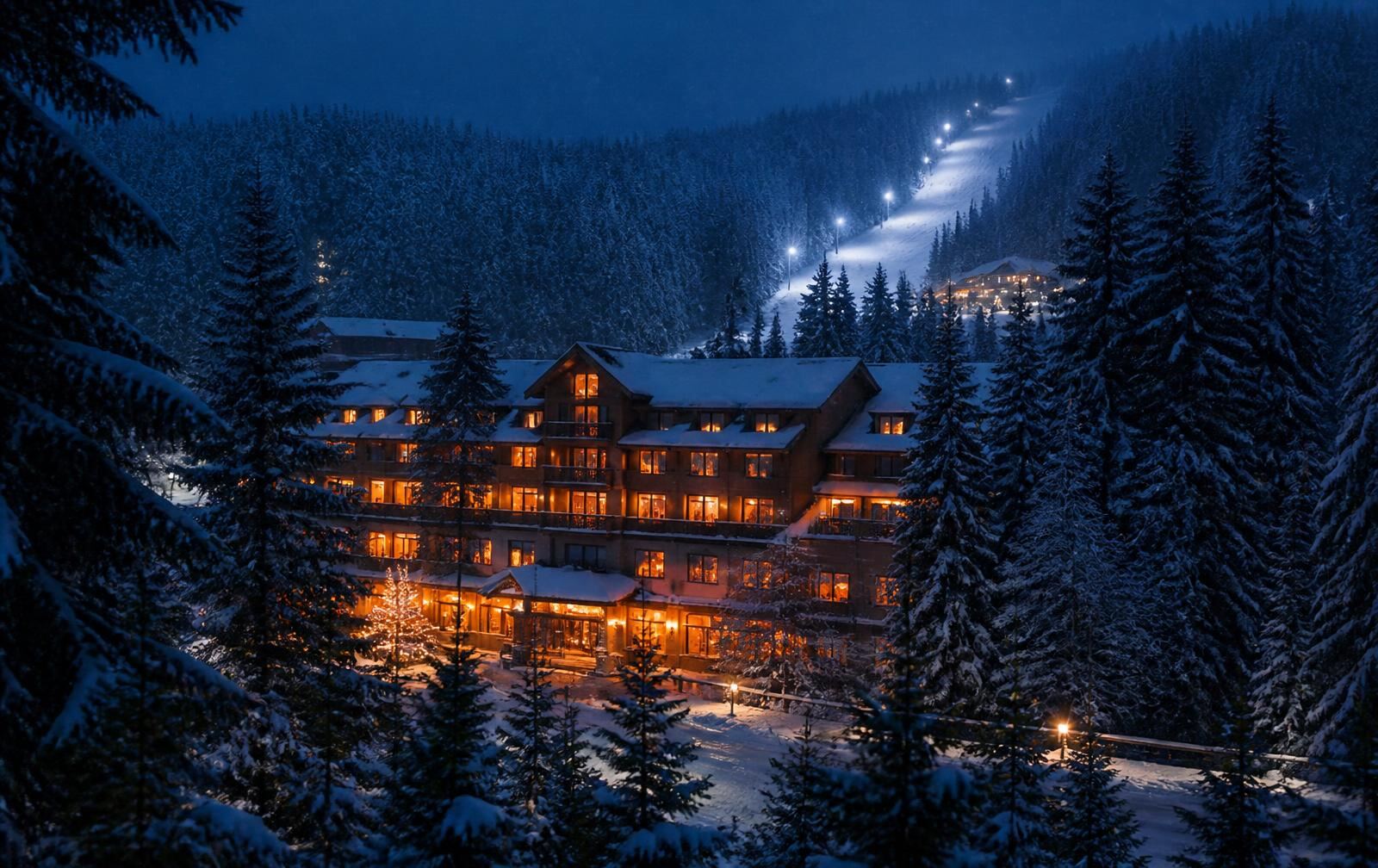 Borovets in winter at night — snow-laden pines around a mountain lodge with warm glowing windows
