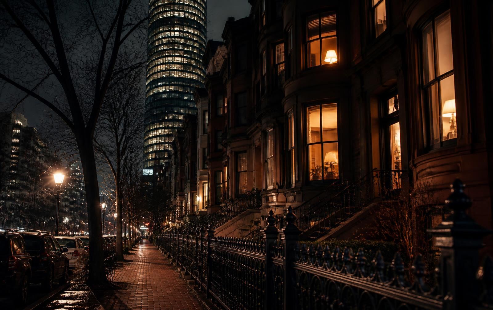 A warmly lit Back Bay brownstone interior at night, rain on tall windows facing a quiet street
