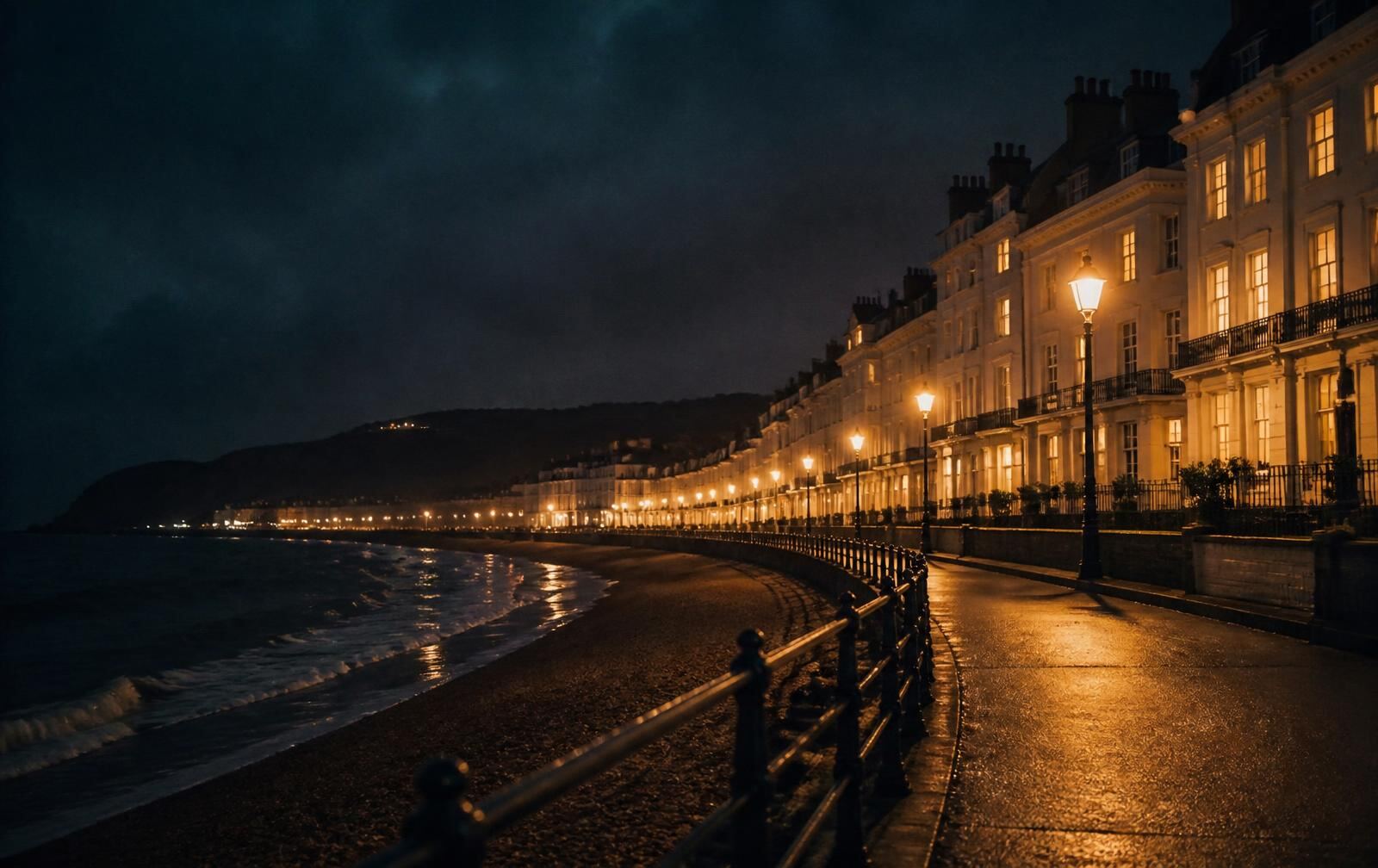 Brighton seafront at night with dark sea, Regency white terraces lit warm and an empty promenade
