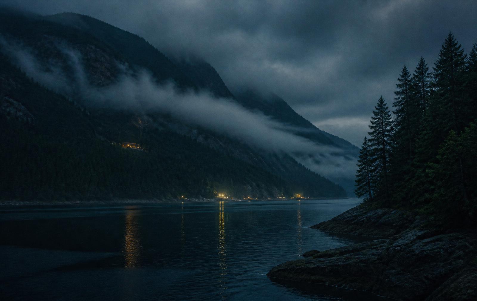 Dark British Columbia coastline at night with forested mountains, low cloud and distant warm lights