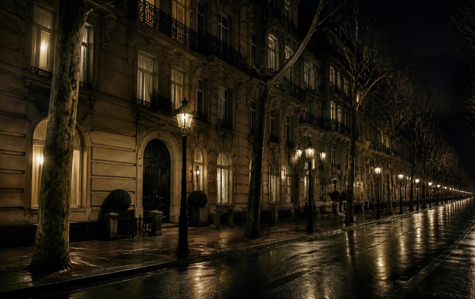 Grand Brussels boulevard at night with stately stone townhouses, lit windows and wet asphalt reflecting street lamps