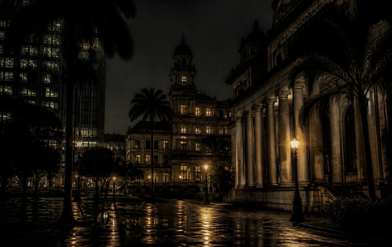 A civic district at night with colonial stone architecture beside modern glass, warm lamplight on a wet empty plaza and rain-damp palms