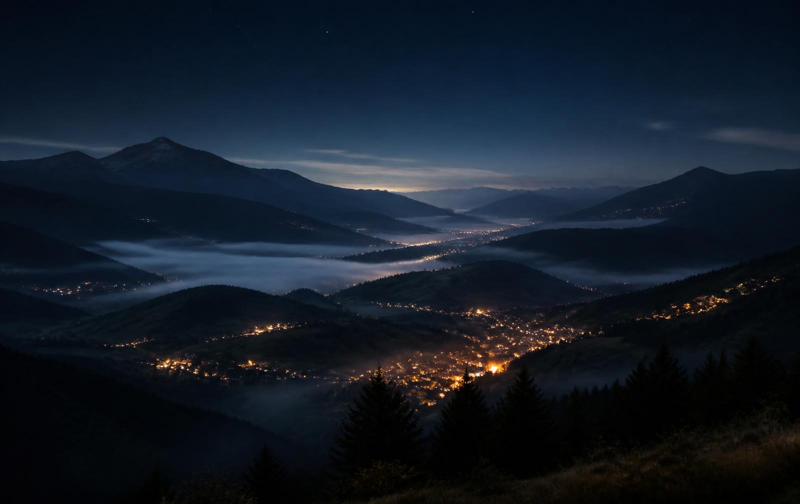 A Bulgarian mountain valley at night — scattered warm village lights between dark Balkan ridges under a blue-black sky
