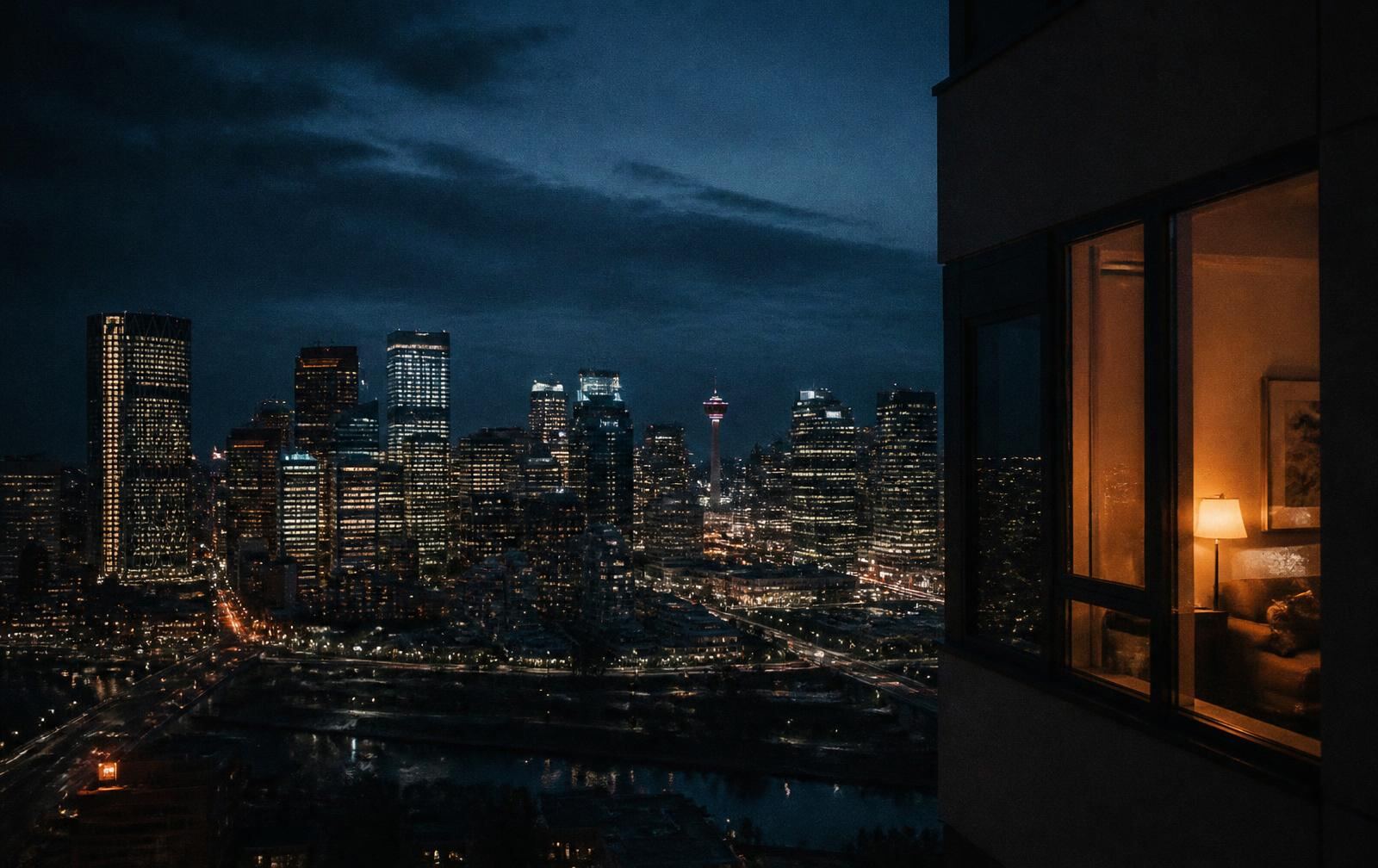 Calgary skyline at night under a wide dark prairie sky with warm light from a high window in the foreground