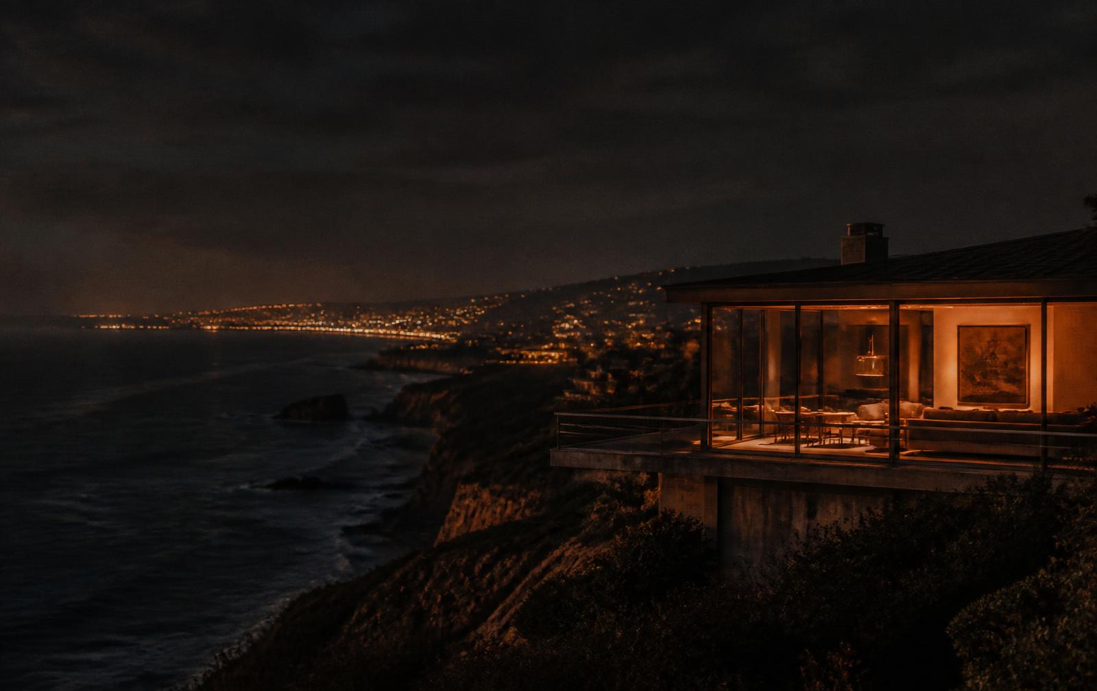 California coastline at dusk with warm light spilling from a private terrace above the Pacific