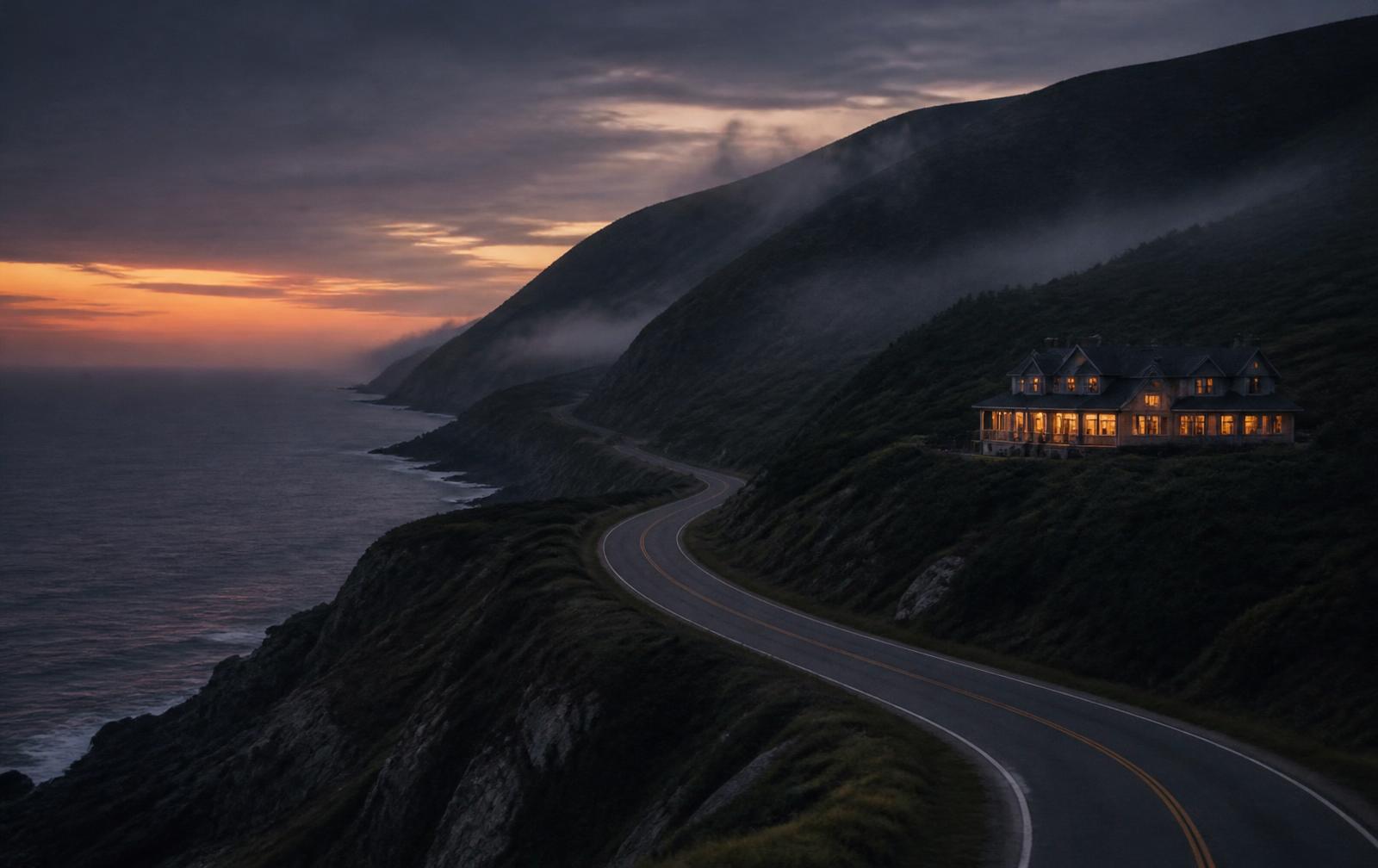 Empty coastal road curving along dark Cape Breton cliffs at dusk with an isolated lit lodge above the sea