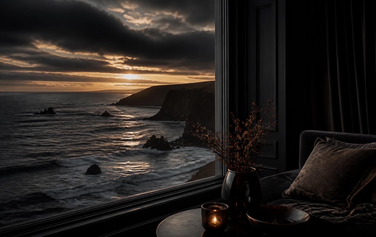 A dark Atlantic coastline at dusk seen from a refined interior with candlelight and deep shadow