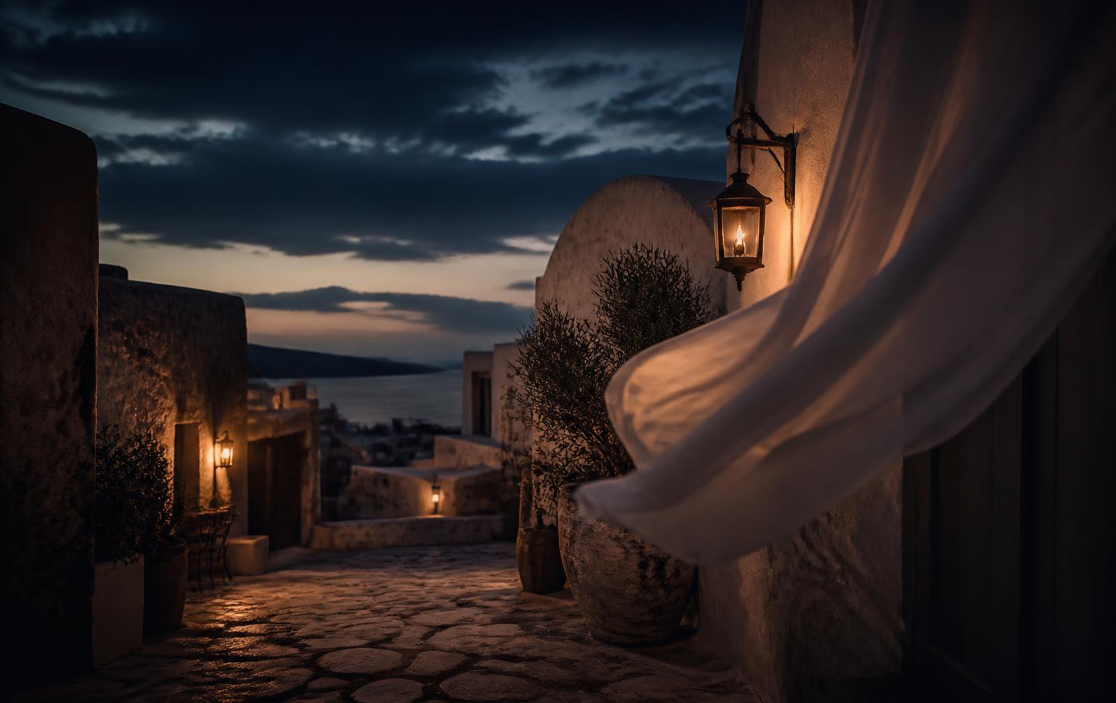 A pale stone lane at summer dusk with a lantern and linen moving in the wind, sea visible beyond
